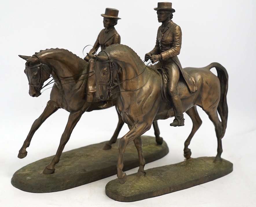 Harriet Glen and David Crenty, two cold cast resin bronze equestrian groups, 32cm wide. Condition - good
